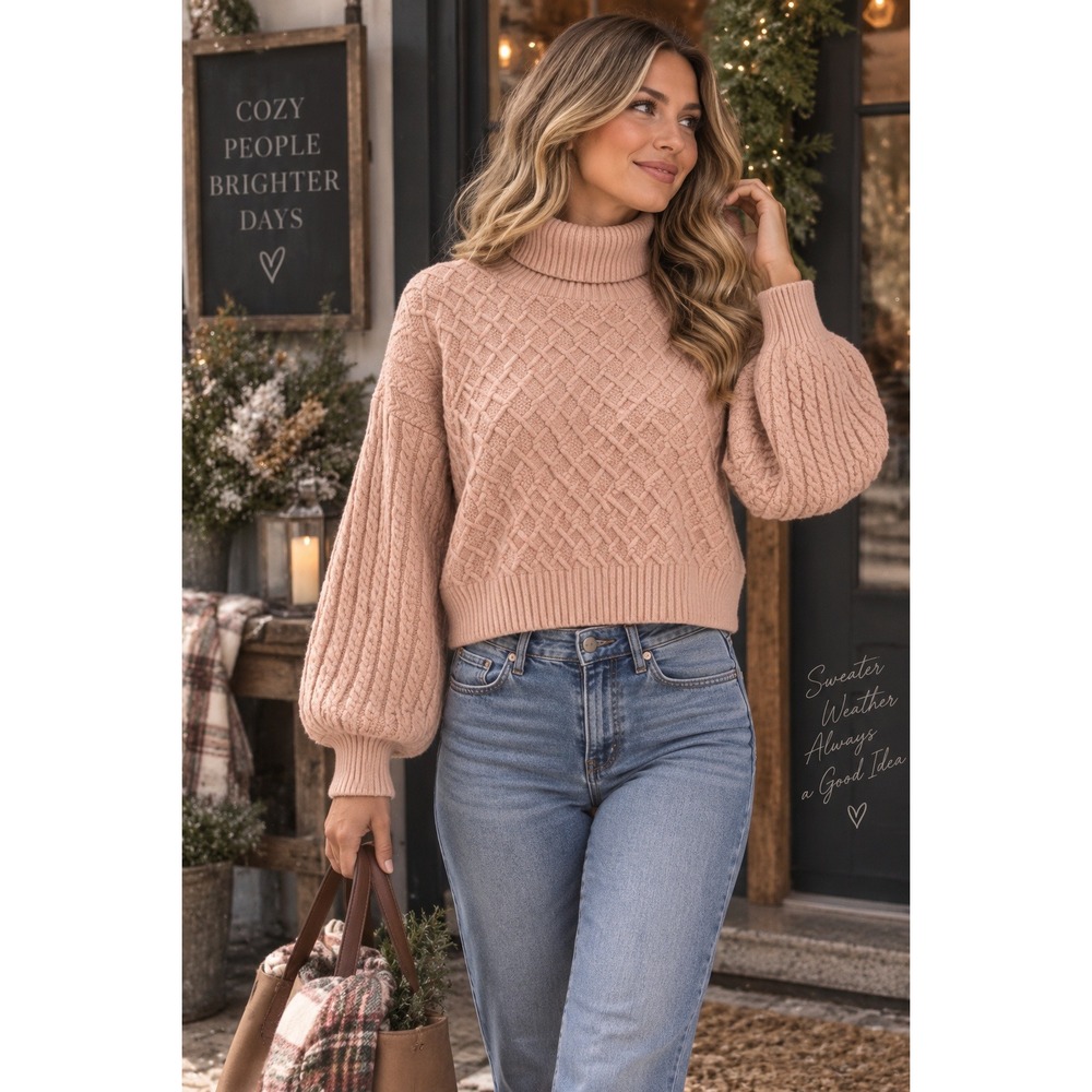 Elie By Elie Tahari Women's Blush Pink Cropped Cable Knit Turtle Neck Sweater L